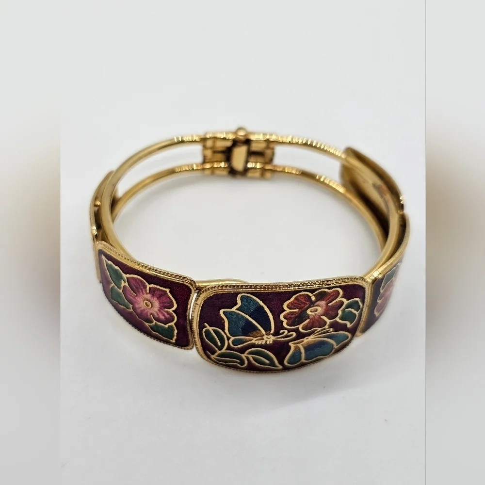 Vintage Cloisonne Enamel Butterfly & Floral Clamper Cuff Bracelet